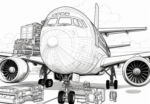 Giant airplane coloring, blown-off-roof perspective, hanging lines, tactile marks