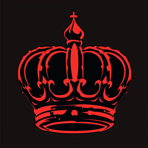 Crown logo in black and red with a bold background