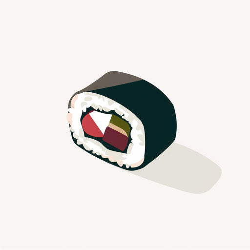 Simple vector icon of a piece of sushi, white background, dark red and green colors