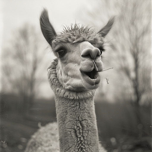 An alpaca chewing, a quirky and humorous snapshot
