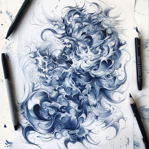 Dynamic flat tattoo sketch of a chaotic storm scene, rich in dark blue tones