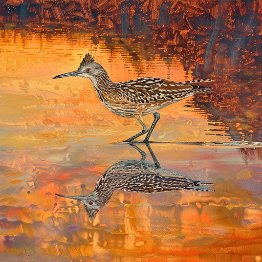 Roadrunner bird near reflective water at dawn
