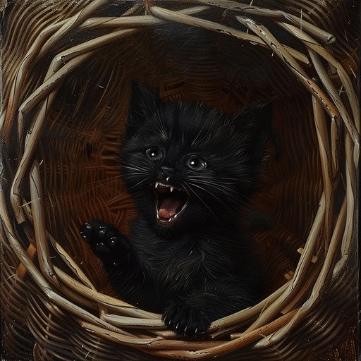 Black kitten with open mouth in a wicker basket