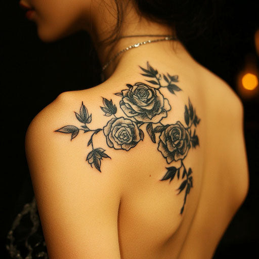 Shoulder tattoos for females with gothic roses, in the style of Ed Hardy