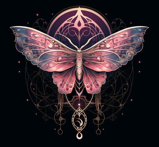 Antique moth with crescent moon on wing tattoo concept