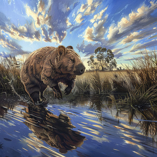 Wombat running along a riverbank with sky reflections