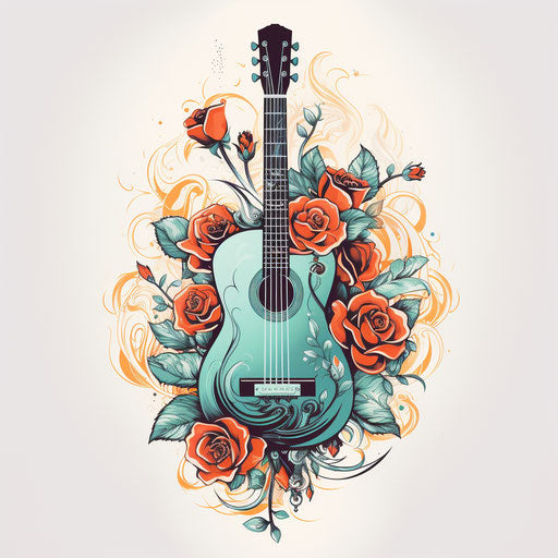 The guitar with roses and on the background poster, in the style of tattoo-inspired, light aquamarine and dark amber, collaborative, poster, captivating, poured