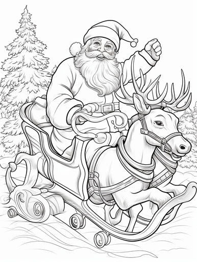 Coloring pages reindeer sleigh and Santa, captivating style