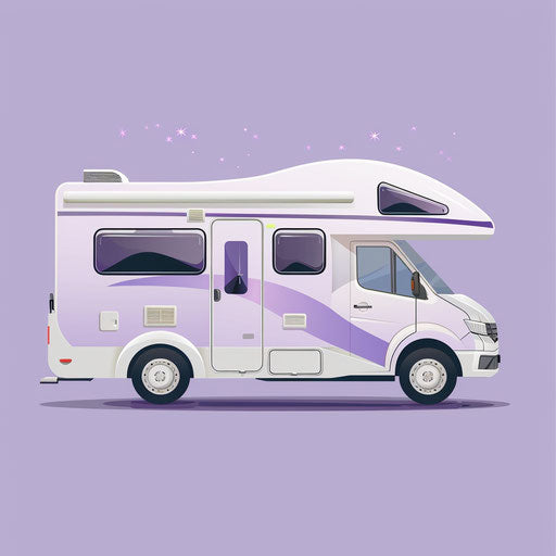 Camper clipart in realistic style on soft lavender backdrop