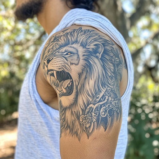Back of arm tattoo in the style of Ami James with a roaring lion