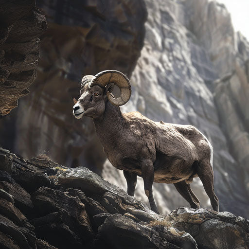 Bighorn sheep on rugged rocky terrain, Vincent Munier style