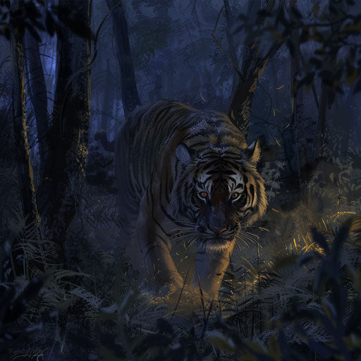 Tiger stalking under twilight in shadowy forest