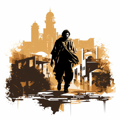 Mission in the style of Chiaroscuro Art, on white background