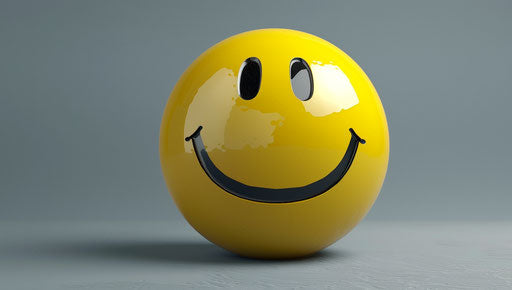 Yellow smile on grey background, vray tracing style, exaggerated pose