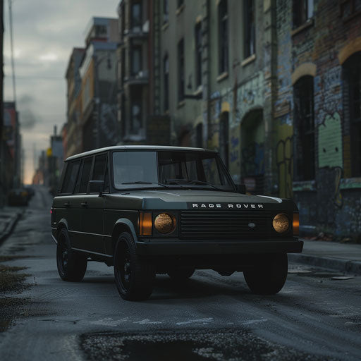 Stealthy 1980 SUV with matte black paint and dark tinted windows, emerging from the shadows of an urban landscape