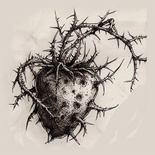 Gothic flat tattoo sketch of a jagua fruit in a dark, twisted thorn bush