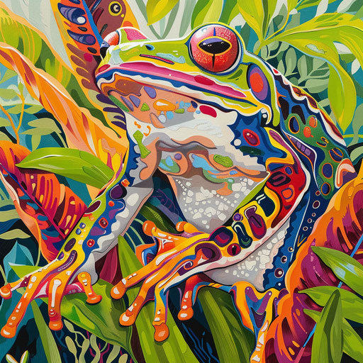 Colorful frog in vibrant garden, pop of color among greenery.