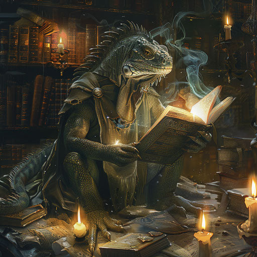 Iguana wizard in ancient and mystical library