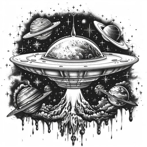 Cosmic UFO tattoo with stars and planets