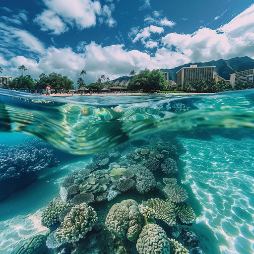 Waikiki Beach with vibrant underwater coral reefs
