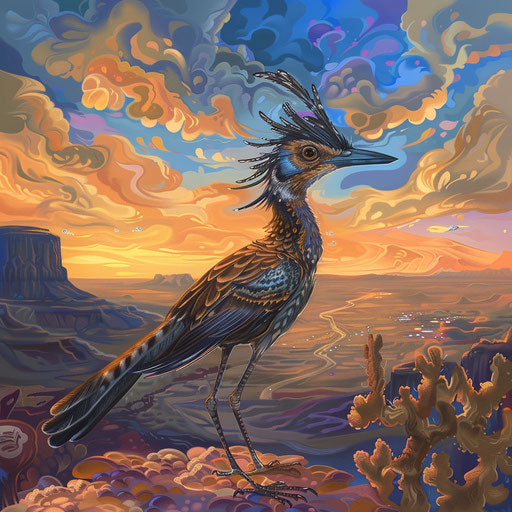Bird running in an artistic desert landscape