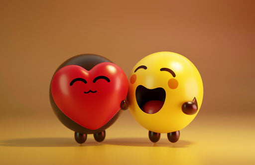 Two emojicers hold a heart on a brown background, animated expressions, cute and colorful