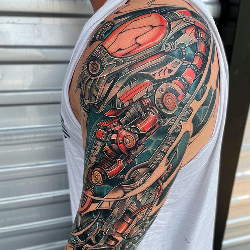 Biomechanical tattoo with heroic elements, in the style of Glenn Fabry