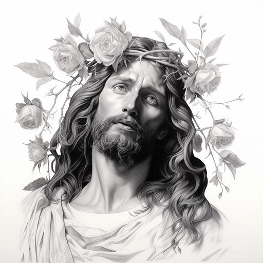 Jesus with rose on black and white background