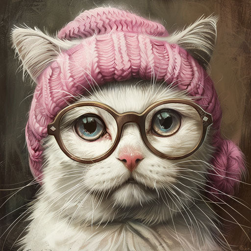 Cat with glasses and pink beanie, white and maroon style