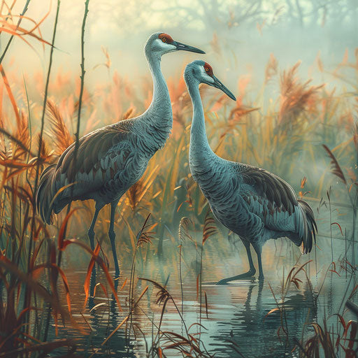 Sandhill cranes among reeds in a marsh