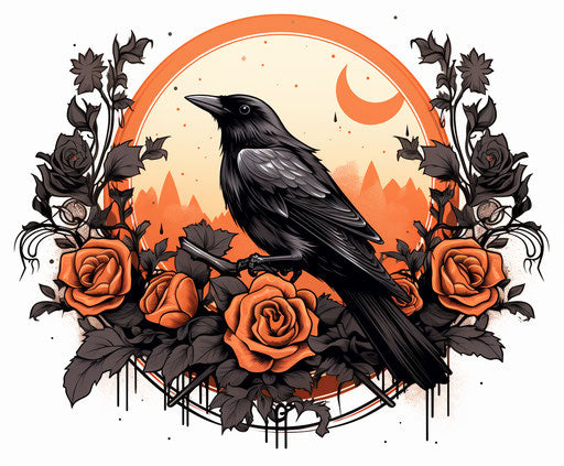 Raven with roses and moon, black white vintage, bold traditional