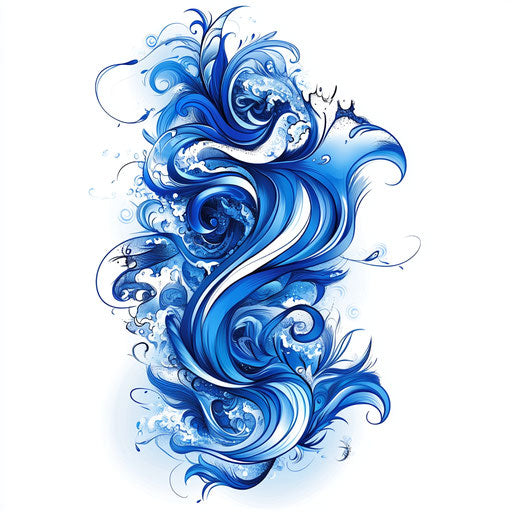 Flat tattoo sketch with abstract waves in ocean blue hues on pure white background