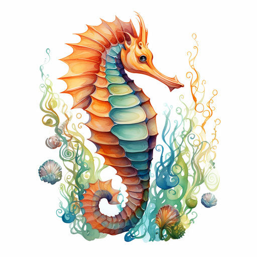 Seahorse clipart in the style of oil painting, on white background