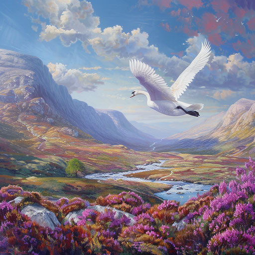 Swan flying over blooming moor mountain