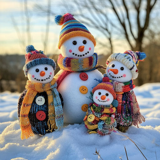 Whimsical snowman family in snowy field