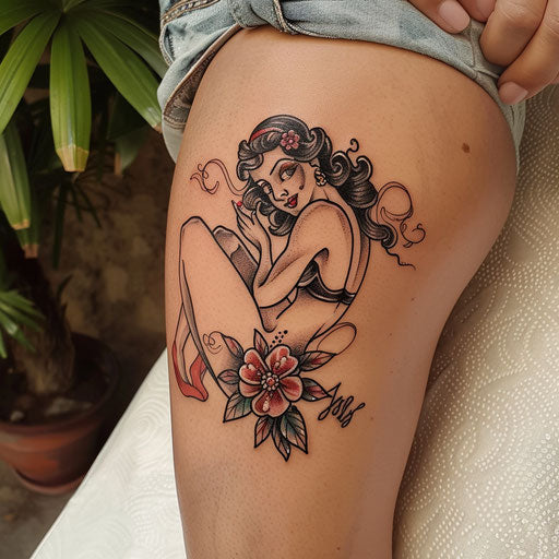 Small tattoo with a pin-up girl, in the style of Ed Hardy
