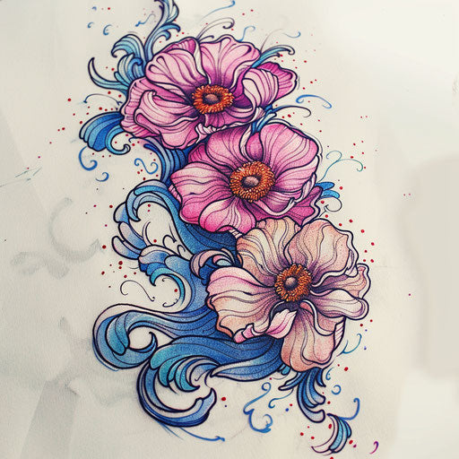 Oceanic cosmos tattoo sketch with sea waves, marine colors