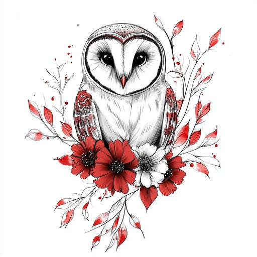 Owl neck tattoo in clipart style with floral accents