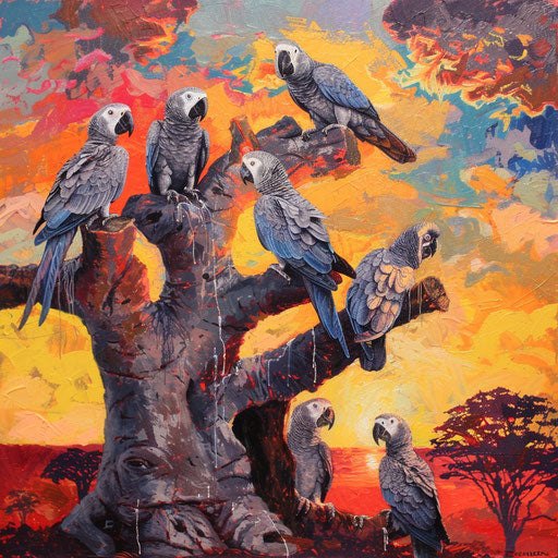 African grey parrots in a baobab tree at sunset