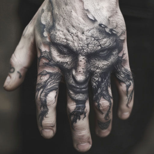 Men's hand tattoo showcasing eerie demonic faces