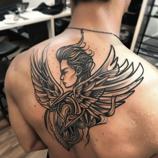 Cherub tattoo with bold black lines on white background