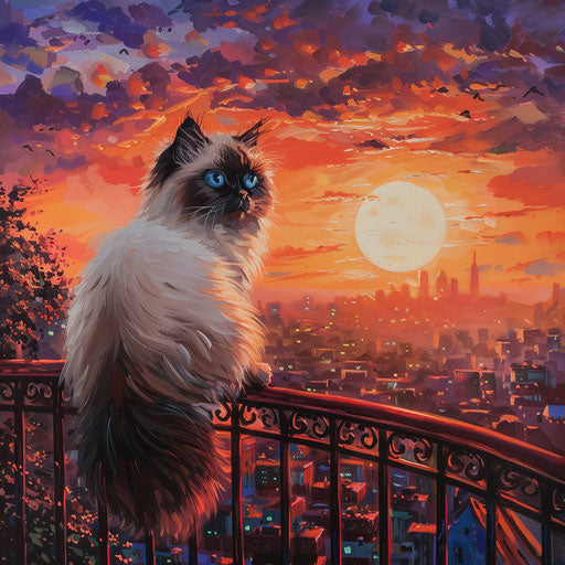 Himalayan cat on balcony overlooking cityscape at sunset