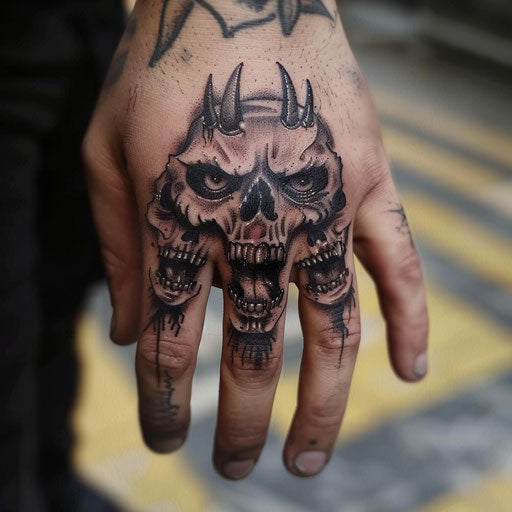 Finger tattoo with eerie demonic faces