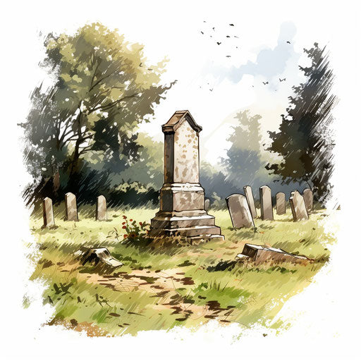 Impressionistic art style with gravestone on white background