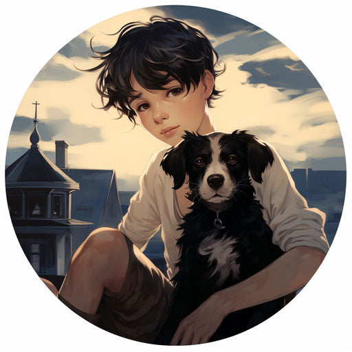 Round sticker with boy and pet dog on roof
