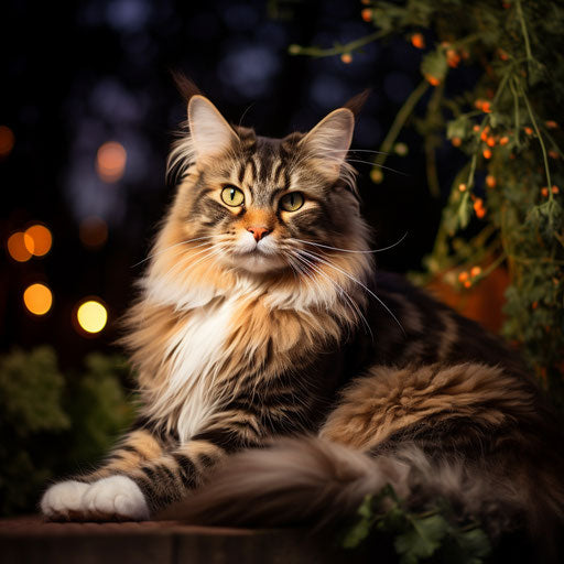 Norwegian forest cat lying outside at night