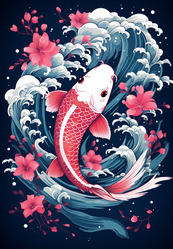 Koi fish with waves, dark teal and light magenta style