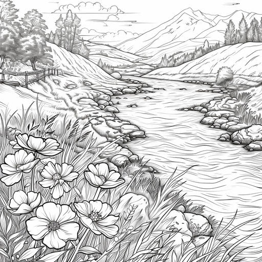 Peaceful river in serene valley with wildflowers