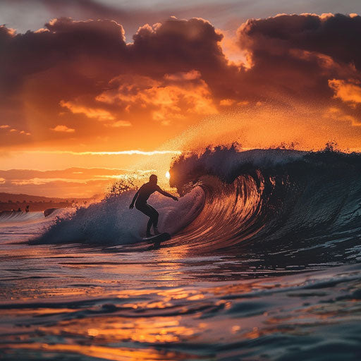 Surfer catching a wave on a sandy beach with a stunning sunset