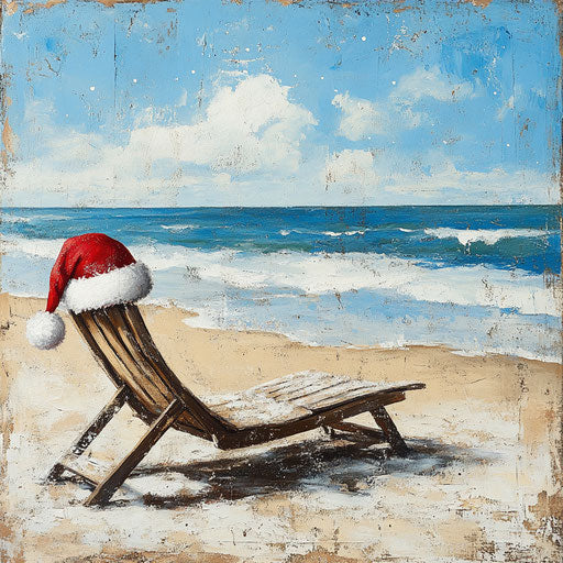 Santa hat on a sun lounger at the beach